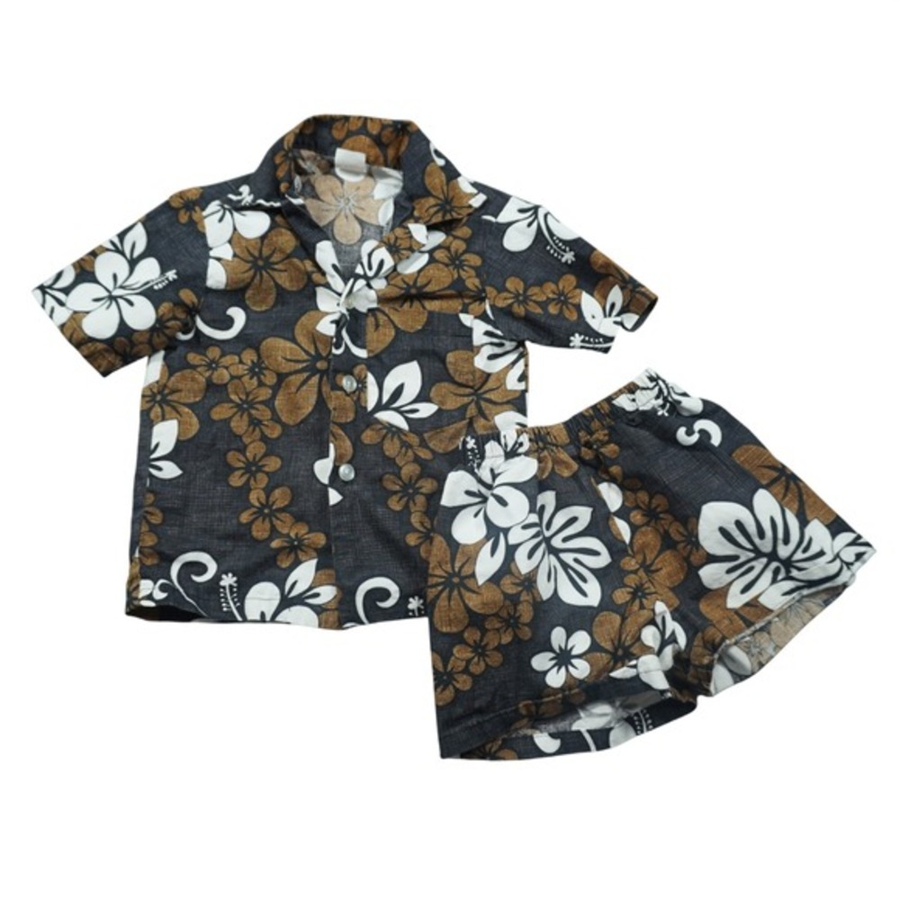 Vintage Kids 2T Hawaiian Set Made in Hawaii Floral Shirt and Shorts Black Brown